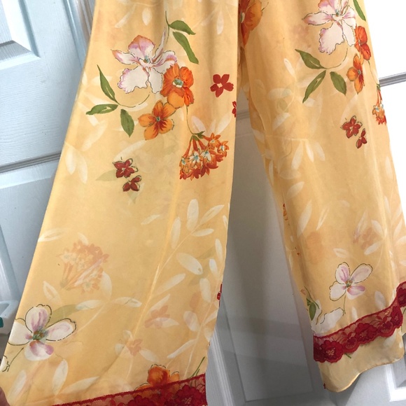 VTG 90s Orange/Red Floral Chiffon Lace Trimmed Culottes Pants/Top Lingerie Set~L - Picture 3 of 10